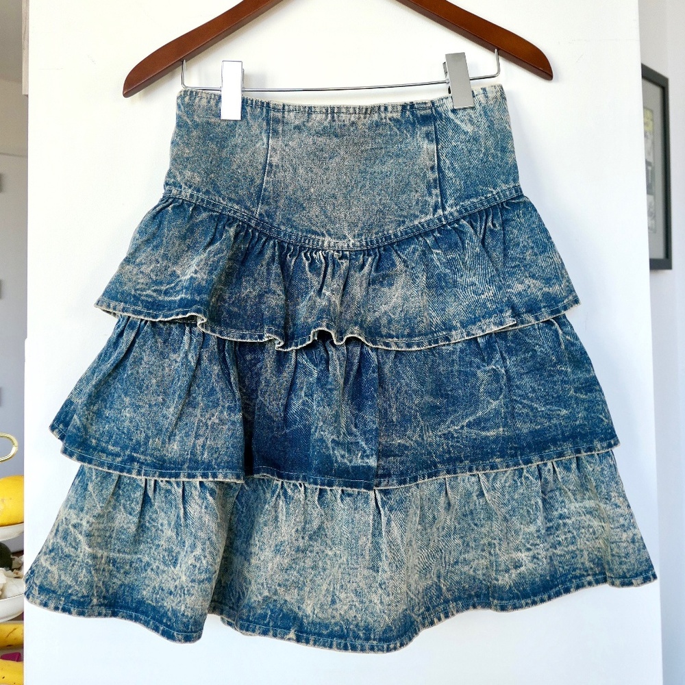 Vintage 1980's acid wash denim ruffle tiered skirt